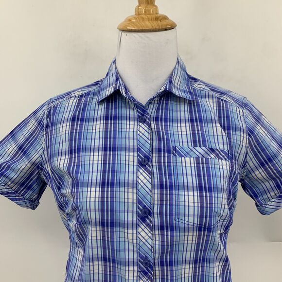 Mountain Hardwear Plaid Shirt Womens S Small Blue Nylon Blend Hidden Button Up - Picture 3 of 12